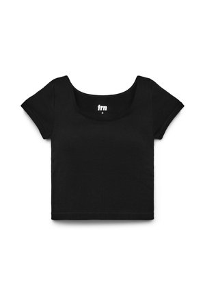 T-shirt nera corta realizzata in tessuto morbido ed elastico. Presenta una scollatura ampia a girocollo e maniche corte. Etichetta posizionata all'interno del collo.