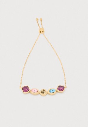 Gold bracelet featuring five multicolored stones: purple, pink, and blue. Set in ornamental frames, with a delicate chain design.