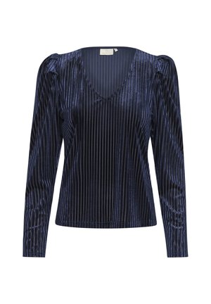 Tamno plava majica dugih rukava od teksturirane rebraste tkanine, sa V-izrezom i lagano napuhanim ramenima.