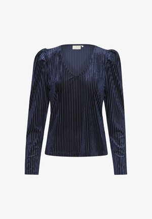 Sügavsinine pikade varrukatega särk, mis on valmistatud tekstureeritud ribatud kangast, V-kaelusega ja kergelt puffitatud õlgadega.