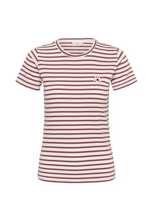 Biele a červené horizontálne pruhované tričko s krátkym rukávom, okrúhlym výstrihom a malou ružovou výšivkou kvetu na ľavej strane hrudníka.