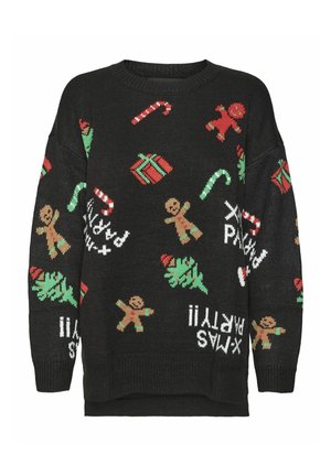 Suéter negro de punto con patrones festivos en verde y rojo, que incluyen figuras de pan de jengibre, bastones de caramelo y regalos. Diseño acogedor de manga larga.