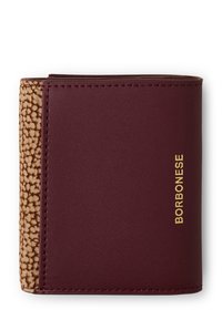 Gefaltete kastanienbraune Brieftasche mit strukturiertem beigen Besatz an der Seite und goldenem "BORBONESE"-Logo unten rechts auf der Vorderseite.