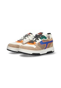 Sneaker mit einem Design aus Wildleder und Mesh in Beige, Weiß, Grün, Blau und Orange. Mit schwarz-weißen gemusterten Schnürsenkeln und Gummisohlen.