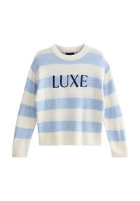 Maglione a righe bianche e blu con la parola "LUXE" in blu navy. Realizzato in morbido tessuto con scollatura e polsini a coste, vestibilità corta.