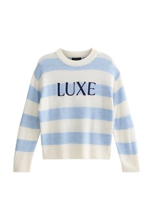 Sweater rayé blanc et bleu avec le mot "LUXE" en marine. Fabriqué en tissu doux avec un col et des poignets côtelés, coupe crop.