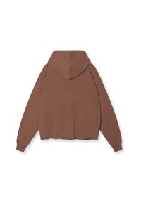 Hoodie court marron avec une poche kangourou, des poignets côtelés et une capuche avec cordon de serrage. Tissu doux avec une texture uniforme. Pas de logos visibles.