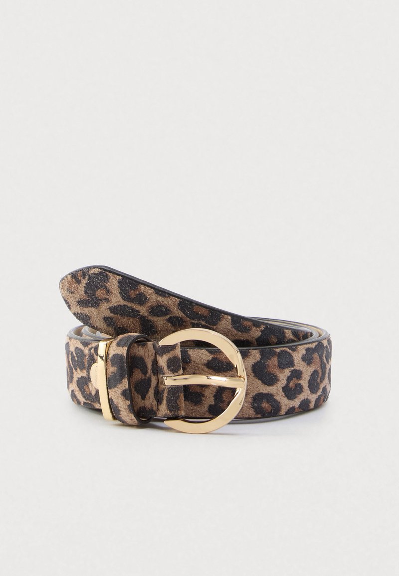 Bælte med leopardtryk i blødt materiale med spænde i guldfarvet metal. Har en glat finish og et slankt design med klassisk løkke.