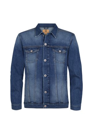 Heren klassieke blauwe spijkerjas met knoopsluiting aan de voorkant, twee borstzakken met klep en lange mouwen.