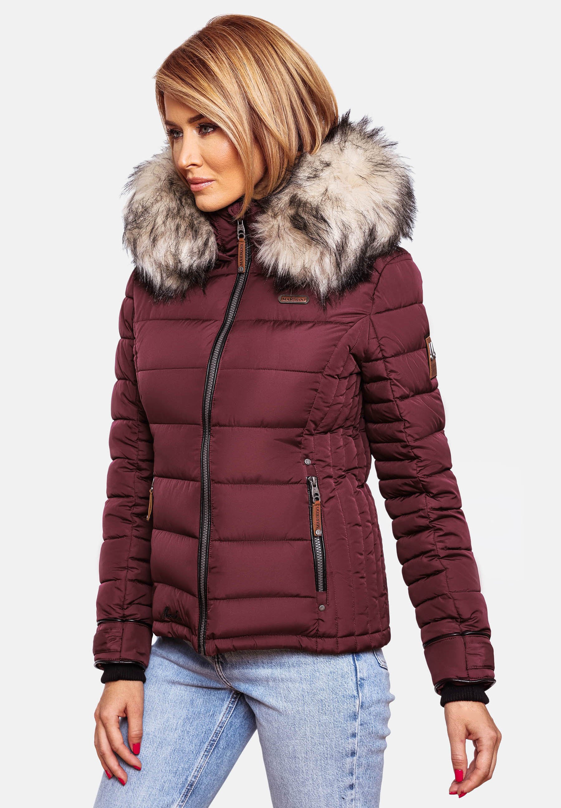 MARIKOO Simaraa XVI XS-XXL Winterjas voor dames, warm gewatteerd met bontkraag en (afneembare) capuchon, zwart, XL