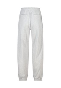 Pantalon de survêtement gris clair avec une ceinture élastique, doté de deux poches arrière, de chevilles élastiquées et d'un tissu doux et texturé.