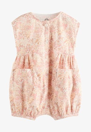 Ľahký overal s kvetinovým vzorom v jemných ružových a béžových odtieňoch. Obsahuje krátke rukávy, predné zapínanie na gombíky a dve predné vrecká. Elastické manžety.