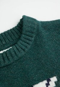 Zielony sweter z wełny z prążkowanym kołnierzem i misternymi wzorami dzianiny na dole. Miękka faktura z subtelnymi różnicami koloru.