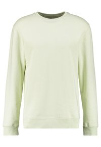 Sweat-shirt vert clair à manches longues en tissu doux, avec un col rond et un bas côtelés, orné d'un petit logo sur la poitrine.