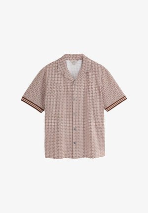 Kortemouwen overhemd met knopen, bruin geometrisch patroon en gestreepte manchetten aan de mouwen, klassieke kraag en label in medium maat.