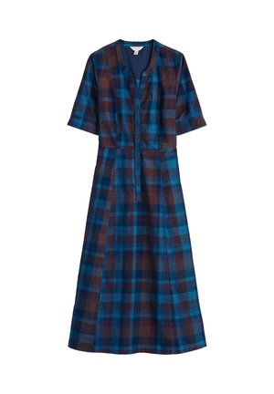 Vestido midi a cuadros en azul y marrón con mangas tres cuartos, botones en la parte delantera y un ligero escote en V.