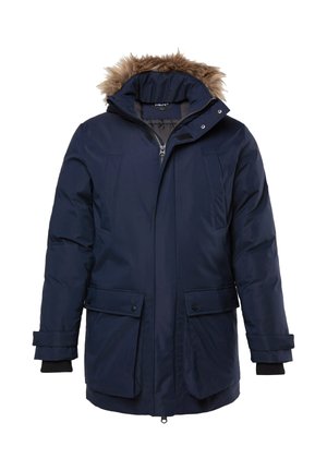 Marineblå parka jakke med hætte i pelskant, lynlås lukning, to forlommer og ribbede manchetter. Glat tekstur og afslappet design.