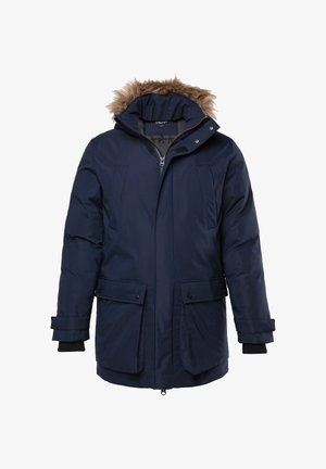 Námořnická modrá parka s kapucí lemovanou kožešinou, se zipovým zapínáním, dvěma předními kapsami a manžetami s žebrovaným vzorem. Hladký povrch a ležérní design.