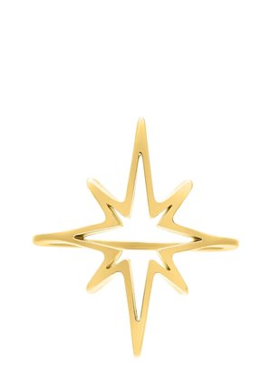 Gold ring with an open starburst design featuring eight elongated points, shown against a white background.