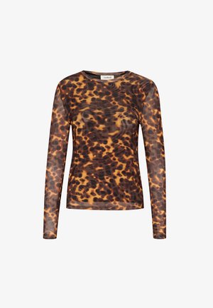 Pika pika varrukatega võrkkangas top pruunikas-beež leopardimustriga. Hästi ümar kaelus. Kerge ja poolsädev tekstuur.