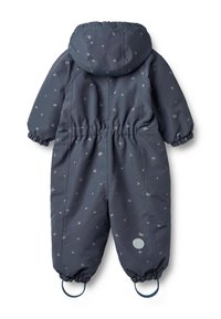 Izolowany, ciemnoszary kombinezon zimowy z elastycznymi mankietami, kapturem i subtelnymi wzorami. Posiada ściągacz w pasie i pętle do mocowania.