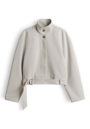 Hellgraue kurze Jacke mit hohem Kragen, zwei vorderen Knöpfen, langen Ärmeln und verstellbarem Gürtel mit Metallschnalle am Saum.
