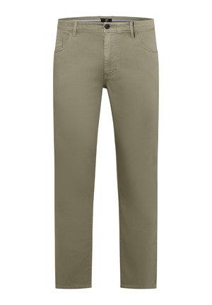 Khakihose mit geradem Bein, Vordertaschen, Gürtelschlaufen und Knopfverschluss.