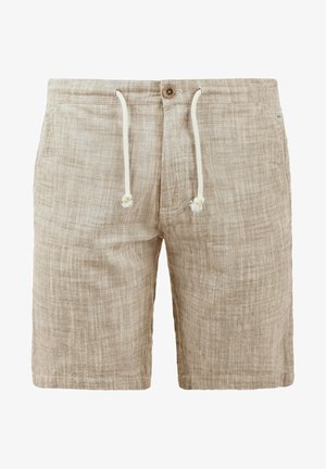 Beige linnen shorts met een gestructureerd oppervlak, uitgerust met een elastische tailleband met externe koordjes en een knoopsluiting.