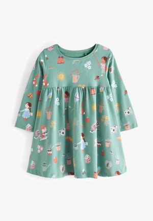 Robe verte à manches longues avec un motif ludique d'enfants, de fleurs et d'animaux. Fabriquée en tissu doux avec un design de jupe évasée.