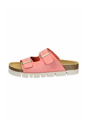 Pink open-toe sandal with two adjustable buckled straps, cork footbed, and white grooved sole.