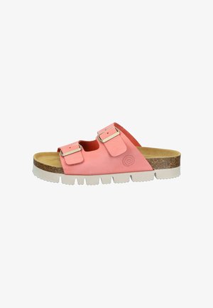 Pink open-toe sandal with two adjustable buckled straps, cork footbed, and white grooved sole.