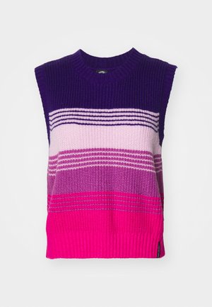 Mouwloze gebreide jurk met horizontale strepen in donkerpaars, lichtroze en fuchsia. Gelaagd verdikte stof met een geribbelde halslijn en zoom.