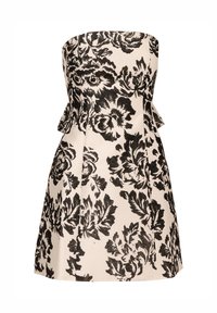 Robe beige sans bretelles avec un motif floral noir et une légère évasement à la taille, présentée sur fond blanc.