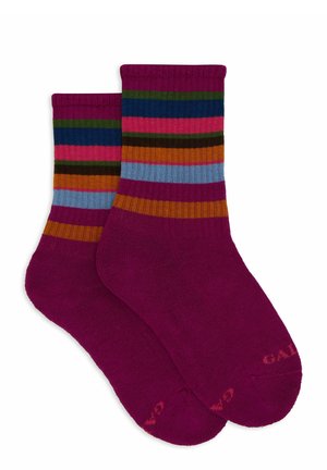 Calze malva con motivi a strisce multicolori in blu, rosa, verde e arancione. Polsini a coste, tessuto leggero e punta rinforzata.