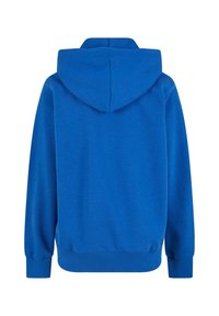 Blå hoodie i mjukt tyg, med en huva, ribbade ärmslut och nederkant. Baksidan är slät utan ytterligare detaljer eller mönster.