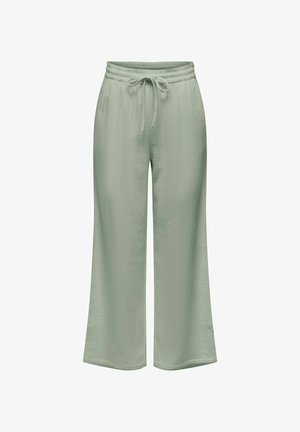 Pantaloni a gamba larga verde chiaro con vita elastica e coulisse frontale, realizzati in tessuto strutturato.