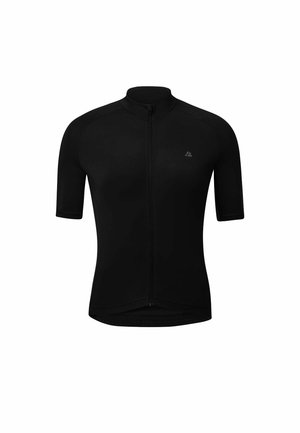 Černý cyklistický dres s krátkým rukávem, plným předním zipem a malým reflexním logem na levé straně hrudi.