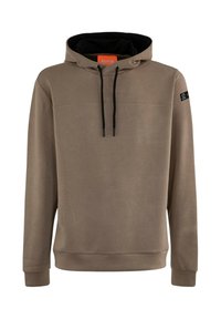 Felpa con cappuccio marrone a maniche lunghe con coulisse nere e fodera interna del cappuccio nera, con una piccola toppa con logo nero sulla manica sinistra.