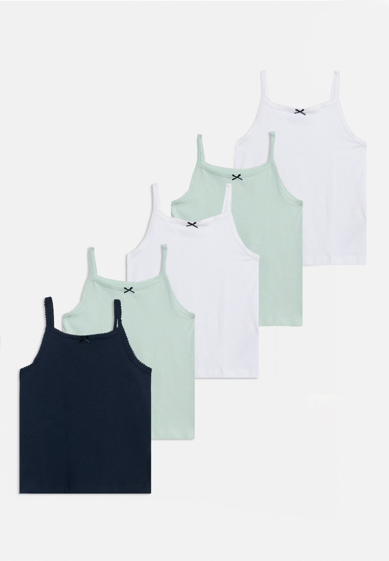 Cinq camisoles sans manches en blanc, vert clair et bleu foncé avec de petits nœuds noirs à l'avant, disposées en pile décalée.