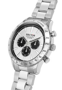 Orologio cronografo silver con bracciale metallico, cassa rotonda, quadranti secondari neri e quadrante bianco etichettato "Sector" con scala tachimetrica.