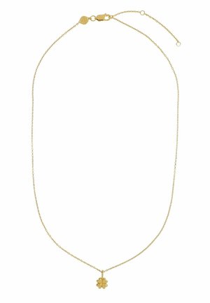 Guld halskæde med et lille vedhæng formet som en firkløver. Kæden har en fin tekstur med lukning med hummerlås.