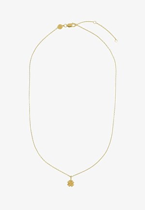 Collier en chaîne dorée avec un petit pendentif en forme de trèfle à quatre feuilles. La chaîne a une texture délicate avec une fermeture à mousqueton.