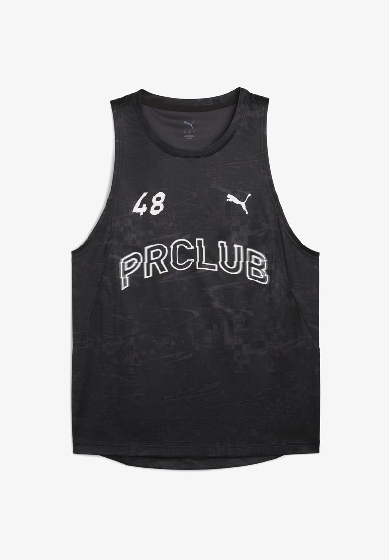 Juodas be rankovių sportinis marškinėlis su užrašu "PRCLUB" ir skaičiumi "48", atspaustais balta spalva. Pasižymi tekstūruotu raštu visame paviršiuje.