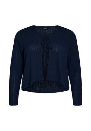 Tumesinine lühem kardigan pikkade varrukatega, avatud esiküljega, millel on väike lipsuga kinnis ja peen tekstuurse mustriga kudum.