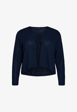 Tumesinine lühem kardigan pikkade varrukatega, avatud esiküljega, millel on väike lipsuga kinnis ja peen tekstuurse mustriga kudum.