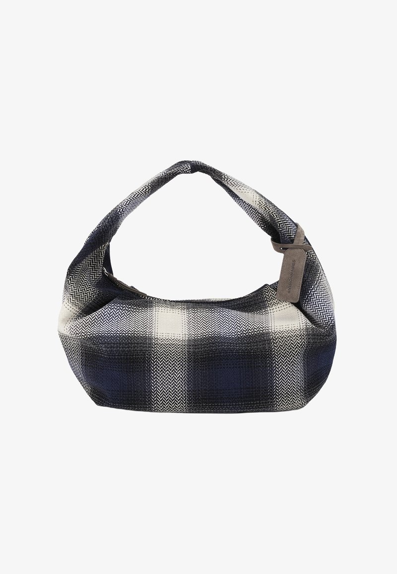 Hobo-Tasche in Marineblau, Weiß und Grau mit kariertem Muster und strukturierter Oberfläche. Verfügt über einen Einzelriemen und einen kleinen Metallanhänger.