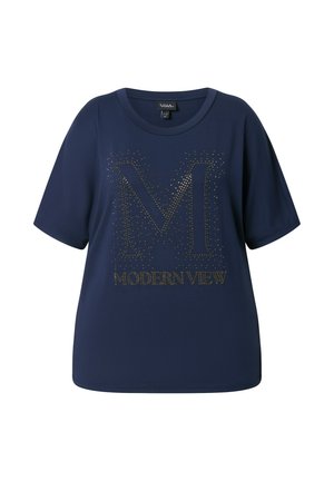 Laivastonsininen lyhythihainen t-paita pyöreällä pääntiellä, jossa edessä suuri kultapinnoitettu "M" ja "Modern View" -teksti.