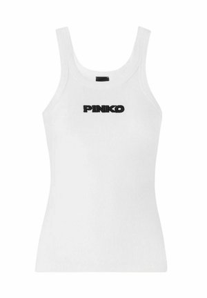 Top bianco a coste con spalline larghe e logo nero "PINKO" centrato sul petto.