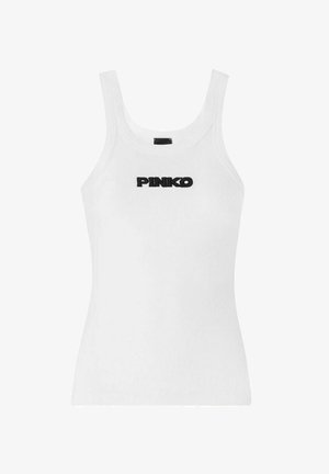Top bianco a coste con spalline larghe e logo nero "PINKO" centrato sul petto.