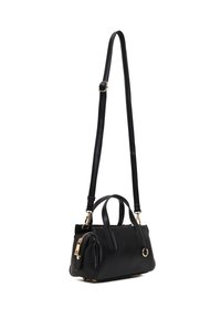 Black leather handbag with top handles and a long adjustable shoulder strap, featuring gold zipper and hardware details.